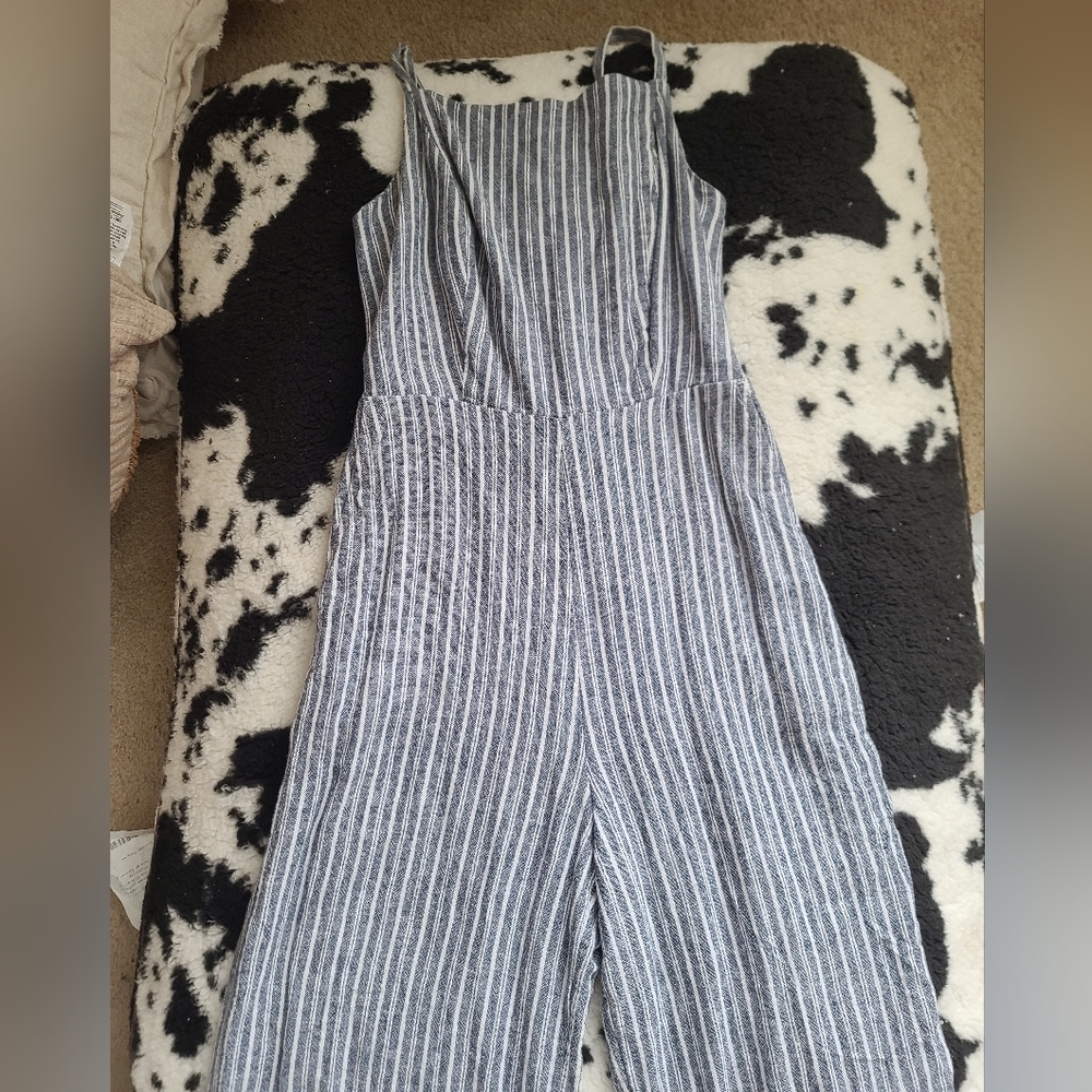 Old navy linen blue and white stripe jumpsuit